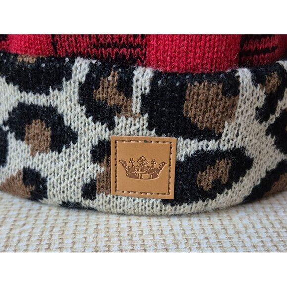 Panache Ladies Faux Fur Pom Red Buffalo Plaid Knit Beanie One Size Animal Print - Picture 3 of 8